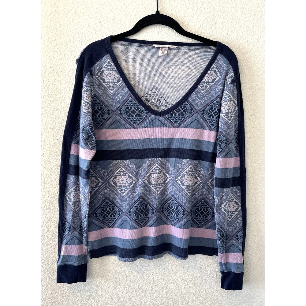 Victoria Secret Women's Thermal Pajama Top Size Small Blue Purple V-Neck Waffle